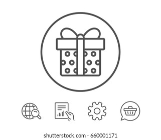 Gift box line icon. Present or Sale sign. Birthday Shopping symbol. Package in Gift Wrap. Hold Report, Service and Global search line signs. Shopping cart icon. Editable stroke. Vector