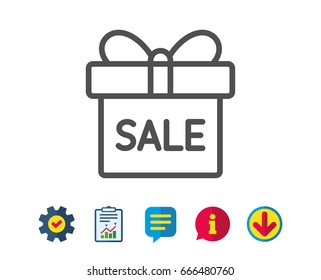 Gift box line icon. Present or Sale sign. Birthday Shopping symbol. Package in Gift Wrap. Report, Service and Information line signs. Download, Speech bubble icons. Editable stroke. Vector