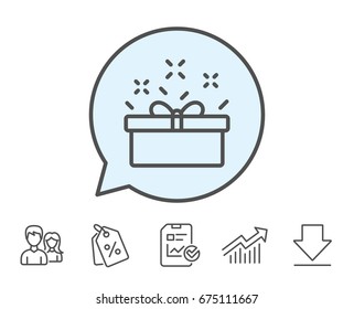 Gift box line icon. Present or Sale sign. Birthday Shopping symbol. Package in Gift Wrap. Report, Sale Coupons and Chart line signs. Download, Group icons. Editable stroke. Vector