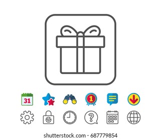 Gift box line icon. Present or Sale sign. Birthday Shopping symbol. Package in Gift Wrap. Calendar, Globe and Chat line signs. Binoculars, Award and Download icons. Editable stroke. Vector