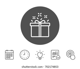Gift box line icon. Present or Sale sign. Birthday Shopping symbol. Package in Gift Wrap. Report, Clock and Calendar line signs. Light bulb and Click icons. Editable stroke. Vector