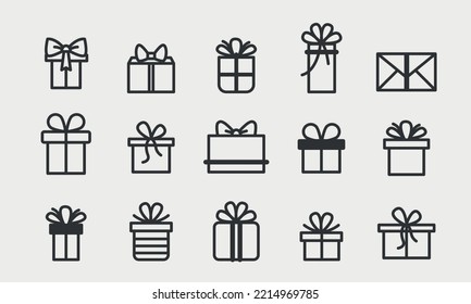 Juego de iconos de la línea de la caja de regalo. Colección para cumpleaños, Navidad Present, empaca símbolos. Ilustración del vector