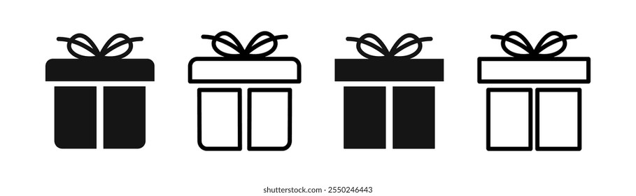 Conjunto de ícones de linha de caixa de presente. Silhueta de caixas de presente com coleção de fitas. Ilustração vetorial