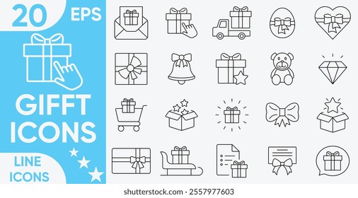 Gift box Line icon set. Present gift box tied, open, and sparkle.Gift box icons in Trendy Flat style.Gift certificate vector set.Vector and illustrator set