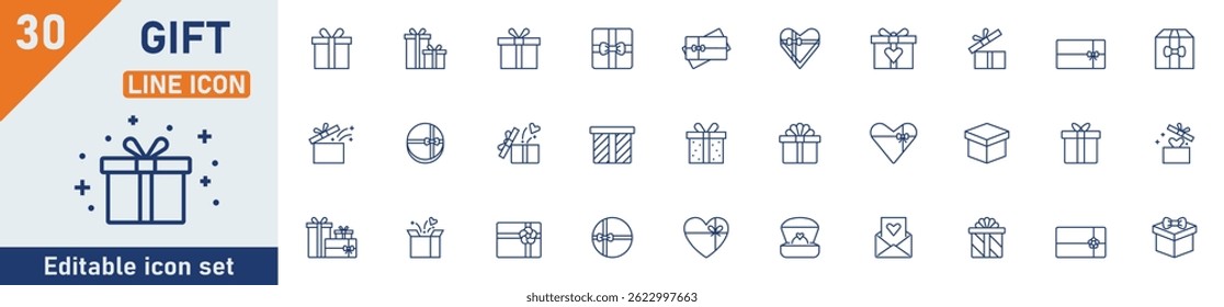 Gift box line icon set. Set of 30 outline icons related to gift, gift box, birthday, valentine, christmas, wedding event, party, celebration, packaging and others. Editable stroke. Vector illustration