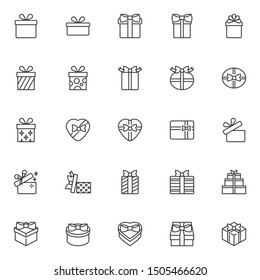 Gift box line icons set. linear style symbols collection, outline signs pack. vector graphics. Set includes icons as round gift box with bow, heart shaped box,  wrapped surprise box