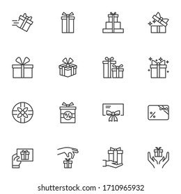 Gift box line icons set, outline vector symbol collection, linear style pictogram pack. Signs logo illustration. Set includes icons as birthday present, box with bow ribbon, surprise package 