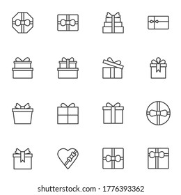 Juego de iconos de línea de cuadro de regalo, colección de símbolos de vector de contorno, paquete de pictogramas de estilo lineal. Señales, ilustración del logotipo. Set incluye iconos como caja con forma de corazón, regalo de cumpleaños con cinta de arco, presente 