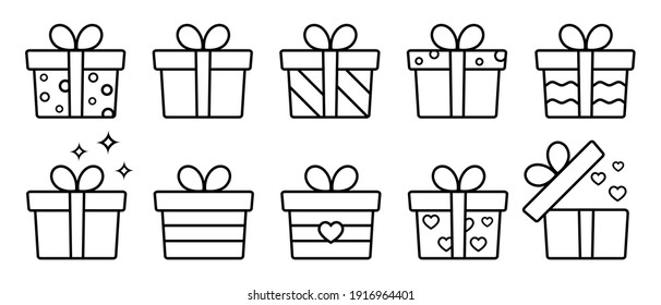 Gift box line icons set, outline vector symbol collection, linear style pictogram pack. Signs logo illustration. Set includes icons as birthday present, box with bow ribbon, surprise package