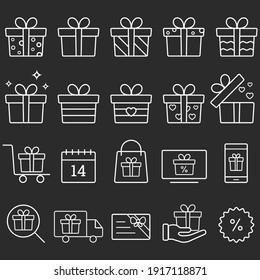 Gift box line icons set, outline vector symbol collection, linear style pictogram pack. Signs logo illustration. Set includes icons as birthday present, box with bow ribbon, surprise package