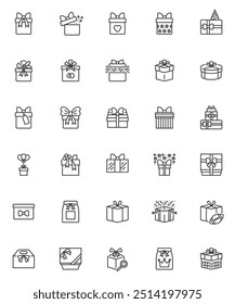 Gift box line icons set. linear style symbols collection, outline signs pack. Surprise boxes vector graphics. Set includes icons as birthday gift box with bow ribbon and ornament