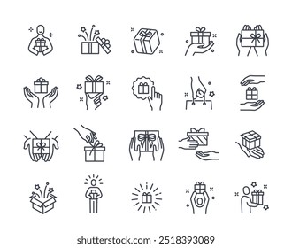 Conjunto de iconos de línea de caja de regalo. Símbolos simples con las manos sosteniendo presente o sorpresa. Celebra cumpleaños, Navidades o eventos. Trazo editable. Colección de Ilustración vectorial de contorno aislado en el fondo