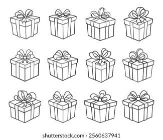 Gift box line icons set. Birthday, present or sale background. Shopping symbol. Design elements, icons, illustrations