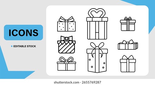 Conjunto de iconos de línea de caja de regalo | Iconos de regalo editables, iconos de regalo de celebración | Conjunto de caja de arte de línea para eventos