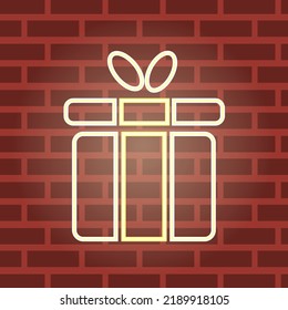 Gift box line neon light sign icon. Present, sale, holiday, xmas, christmas vector illustration. Birthday Shopping symbol. Package in Gift Wrap. Red brickwall background banner.