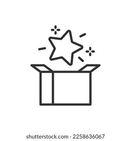 Gift in a box, linear icon. A star flies out of the box. Line with editable stroke