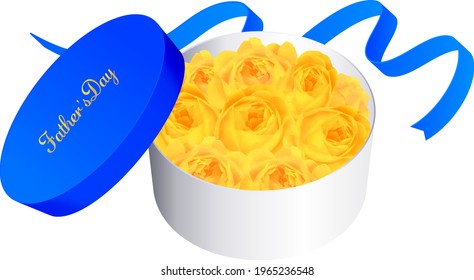 Gift box lined with yellow roses.Flower box to give on Father's Day.Blue ribbon illustration.