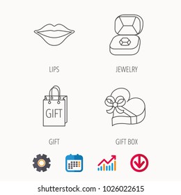Gift box, lips kiss and wedding jewelry icons. Present linear sign. Calendar, Graph chart and Cogwheel signs. Download colored web icon. Vector
