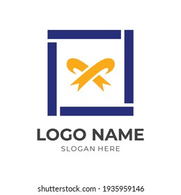 gift box logo design with flat yellow and blue color style