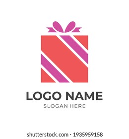 gift box logo design with flat red and pink color style