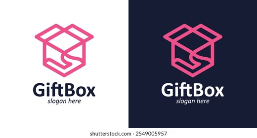 Gift box logo design. hexa box logo with hand design symbol vector icon