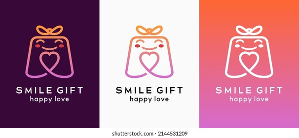 Gift box logo design template, gift icon blends with love icon in creative line art