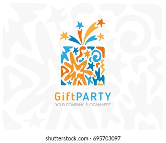 Gift box logo. Emblem for party or fireworks shop, birthday or anniversary events