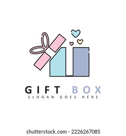 Gift box logo with open box cover style and heart. icon vector illustration