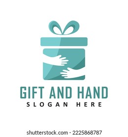 Estilo de logotipo de caja de regalo mano sujetando una caja de regalo. Ilustración vectorial de icono plano