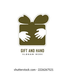 Geschenkbox Logo stylische Hand, die Geschenkbox. Flaches Symbol, Vektorgrafik
