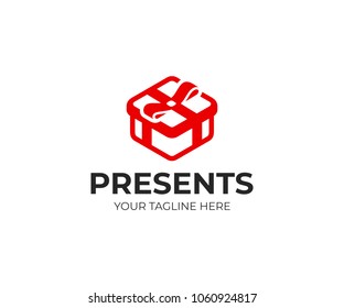 Gift box logo template. Red present box with bow vector design. Gift shop logotype