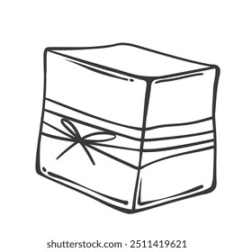Gift box with loop string and bow line icon. Outline cube of package with rope tie wrapping. Birthday, anniversary and season holidays mascot, hand drawn festive gift icon vector illustration