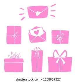 Gift box and love letters silhouette set. Collection for christmas, valentines day, birthday. Hand drawing signs of presents isolated on white, vector illustration. Giftboxes for design greeting card.