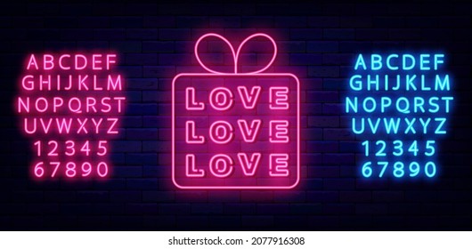Gift box with love text neon icon. Happy Valentines Day with shiny alphabet. Outer glowing effect poster. Romantic holiday concept on brick wall. Editable stroke. Isolated vector stock illustration