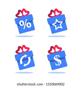 Gift box, loyalty program, earn points, win present, redeem bonus, giveaway concept, vector flat icon