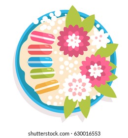 Gift box of macaroons and flowers. View from the top. Isolated art on white background. Vector. Cartoon. Flat.