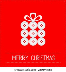 Gift box made from buttons. Appligue Dash line Merry Christmas card Red background Flat design Vector illustration