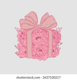 Gift box made with flowers and bows drawing in floral style with pink on beige background