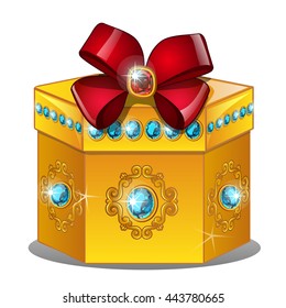 Gift box made of gold inlaid with precious stones. Casket for storing jewelry isolated on a white background. Vector illustration.