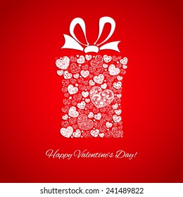 Gift box made of many hearts for Valentines Day, white on red