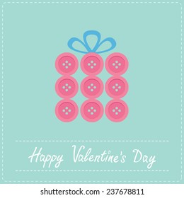 Gift box made from white buttons.  Appligue Dash line Happy Valentines day card Flat design Vector illustration