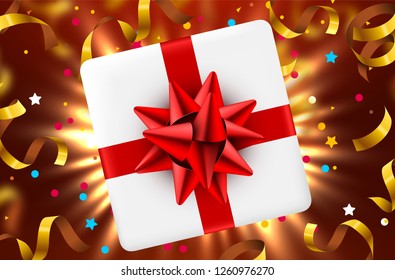 Gift box and magic light fireworks and confetti Christmas background. Vector illustration