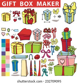 Gift box maker,constructor.Set of colorful gift boxes with label,tag. Hand drawing style.You can quickly make a box,bag.Easy to edit.Doodle Holiday Vector illustration. 