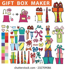 Gift box maker constructor Set colorful flat gift boxes and label tag  Hand drawing style You can quickly make box bag Easy to edit Doodle Holiday Vector illustration  
