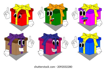 Gift Box with making a point as a cartoon character. Holiday, Celebration surprise with happy face emotion.