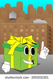 Gift Box with making a point as a cartoon character. Holiday, Celebration surprise with happy face emotion.
