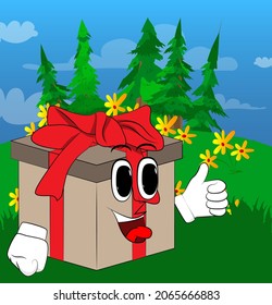 Gift Box with making thumbs up sign as a cartoon character. Holiday, Celebration surprise with happy face emotion.