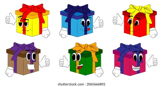 Gift Box with making thumbs up sign as a cartoon character. Holiday, Celebration surprise with happy face emotion.