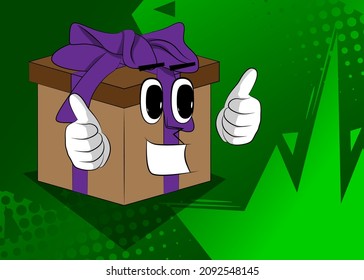 Caja de regalo con los pulgares hacia arriba apuntando con dos manos como personaje de caricatura. Festividad, sorpresa de la celebración con alegre emoción facial.