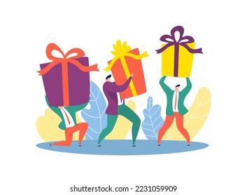 Gift box at male person group hand, surprise present for holiday, vector illustration. Man character make happy celebration.